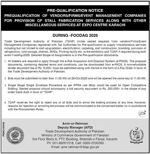 Trade Development Authority of Pakistan Karachi Tender Notice